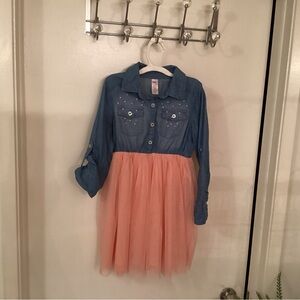 Girls Denim and Pink dress by Justice pink cotton with krenlin skirt size 7